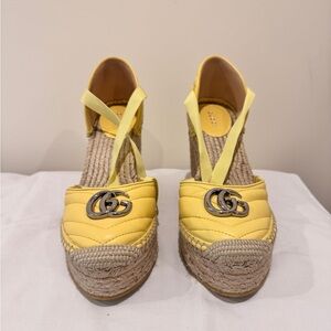 Gucci GG Marmont Quilted Leather Yellow  Espadrille Wedges - Size 39